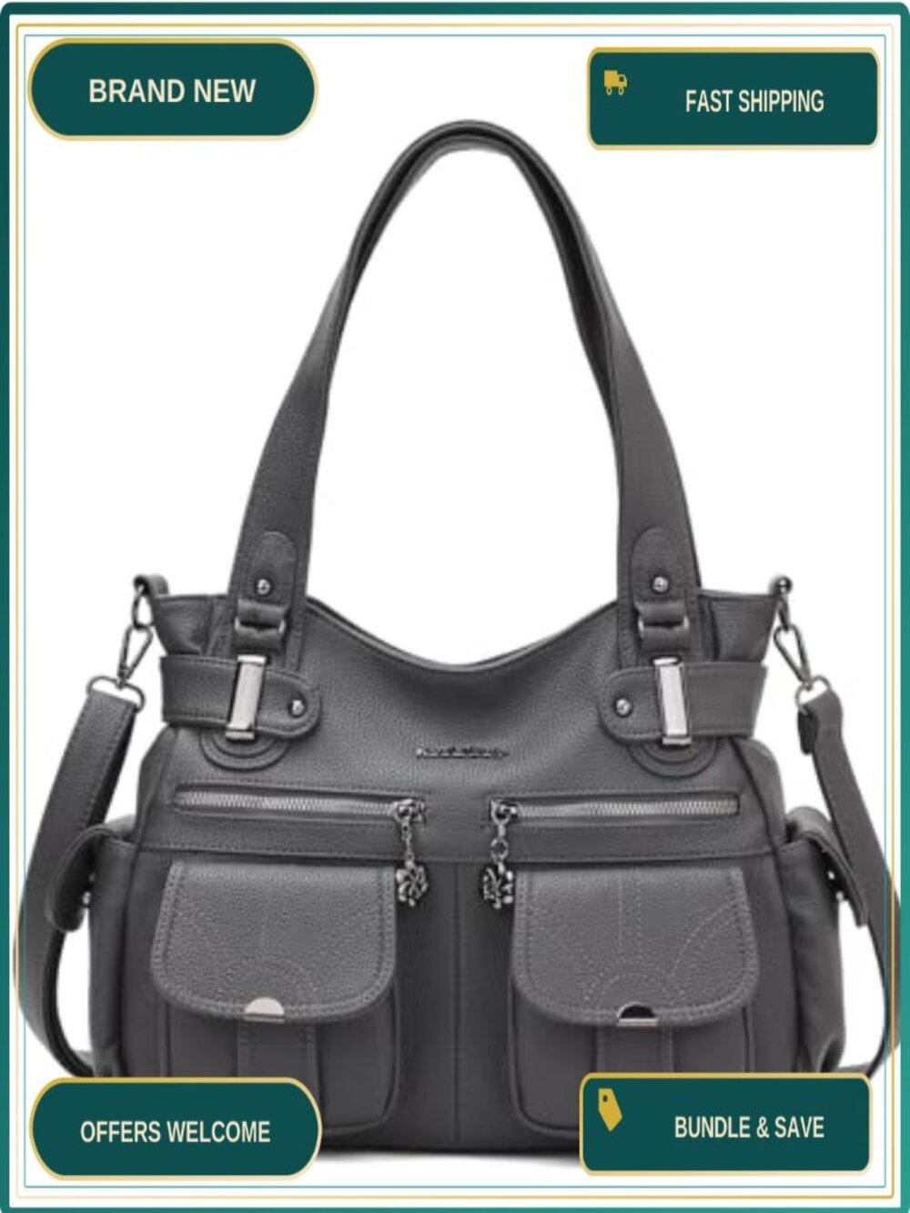 Large PU Leather Tote Bag Multi-Pocket Hobo Crossbody Purse